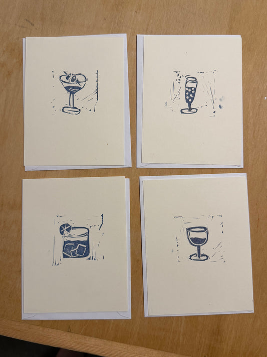Set of 4 cocktail linocut print cards