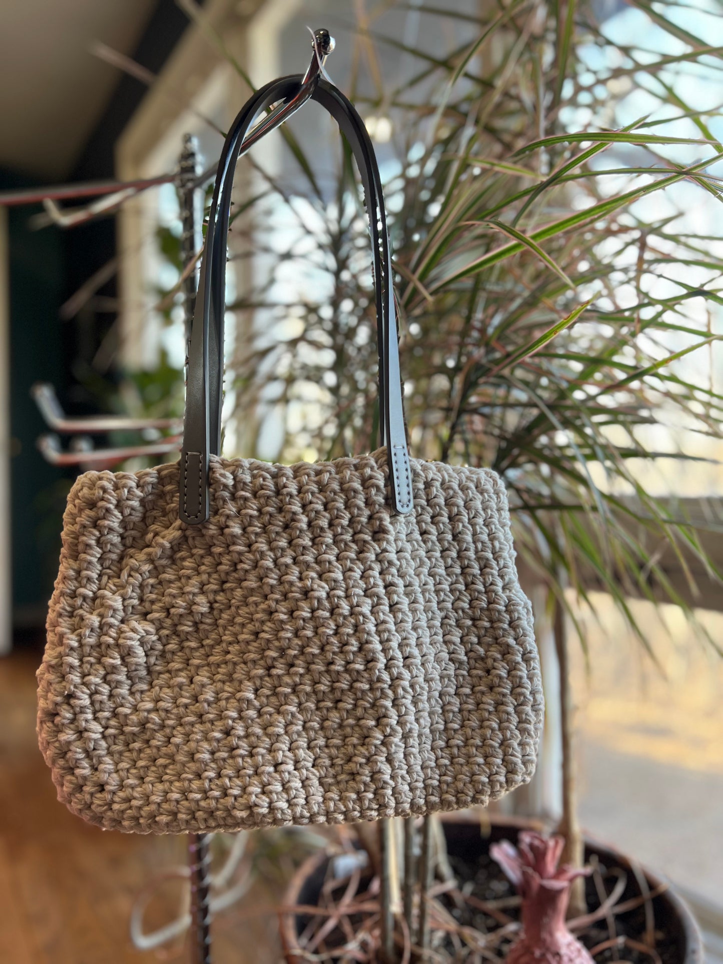 White upcycled rope bag with gray handles