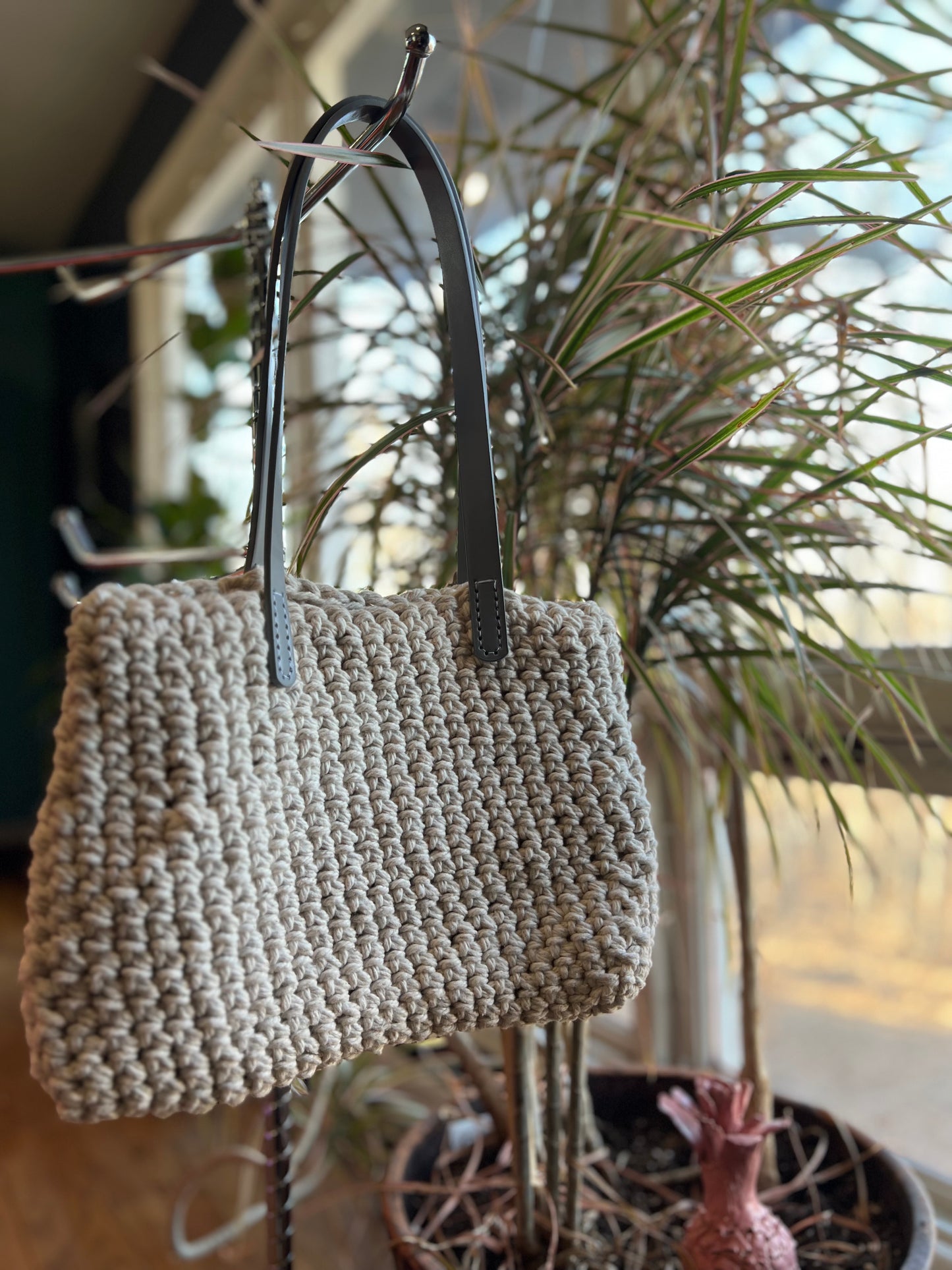 White upcycled rope bag with gray handles