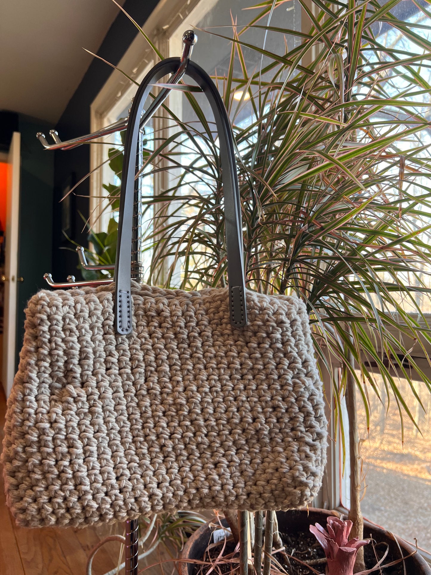 White upcycled rope bag with gray handles