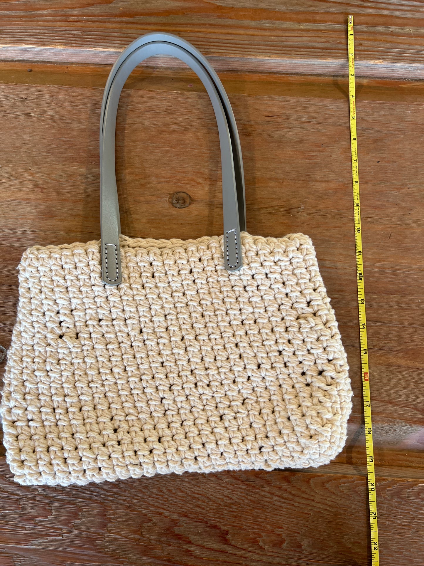 White upcycled rope bag with gray handles