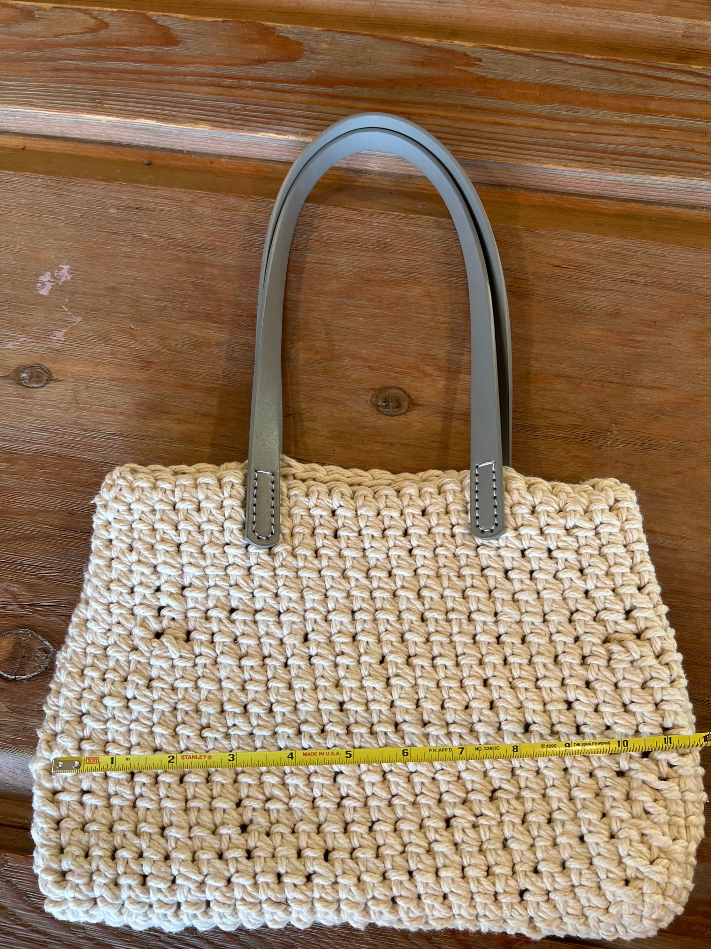White upcycled rope bag with gray handles