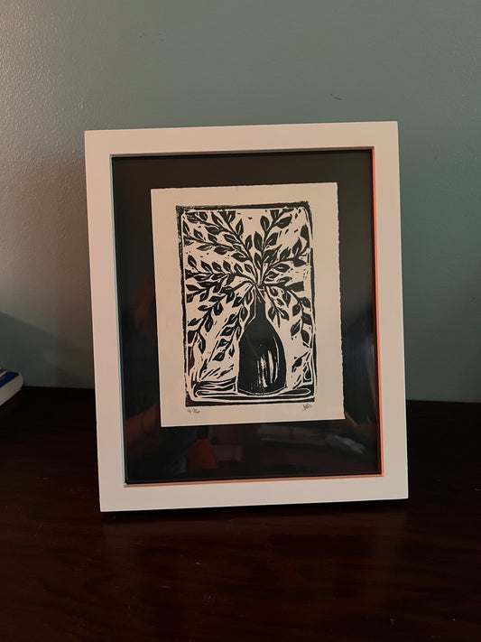 Framed Linocut Leaves in a Bottle